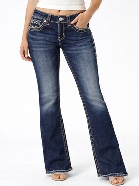 Rock Revival Adele Bootcut Jeans Dark Blue Distressed Long Inseam Size 32